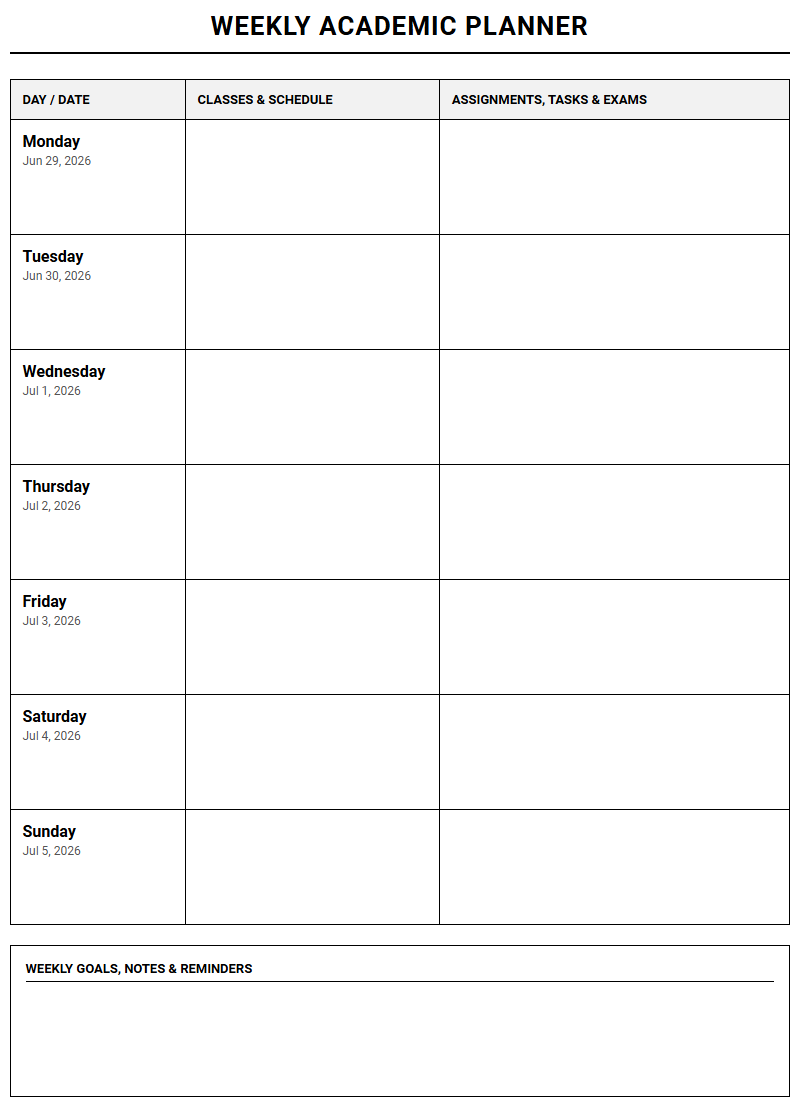 Academic and Student Weekly Planner for Efficient Time Management and Study Organization Image