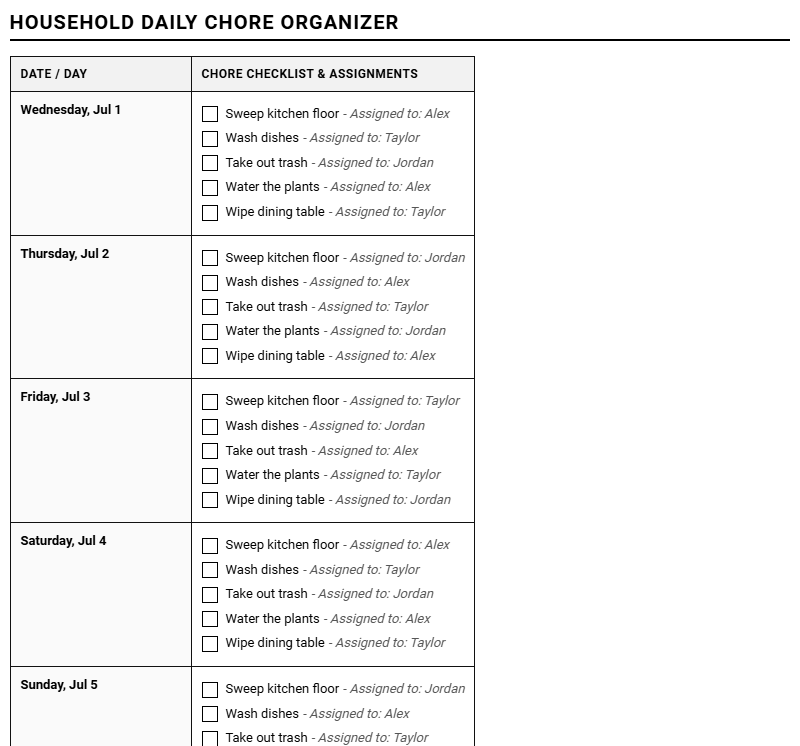 Chore and Household Daily Organizer for Optimizing Daily Routines Image