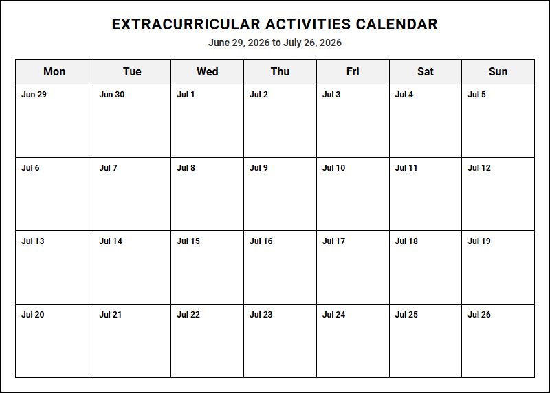 Extracurricular Activities Calendar for Academic Event Scheduling and Student Organization Image