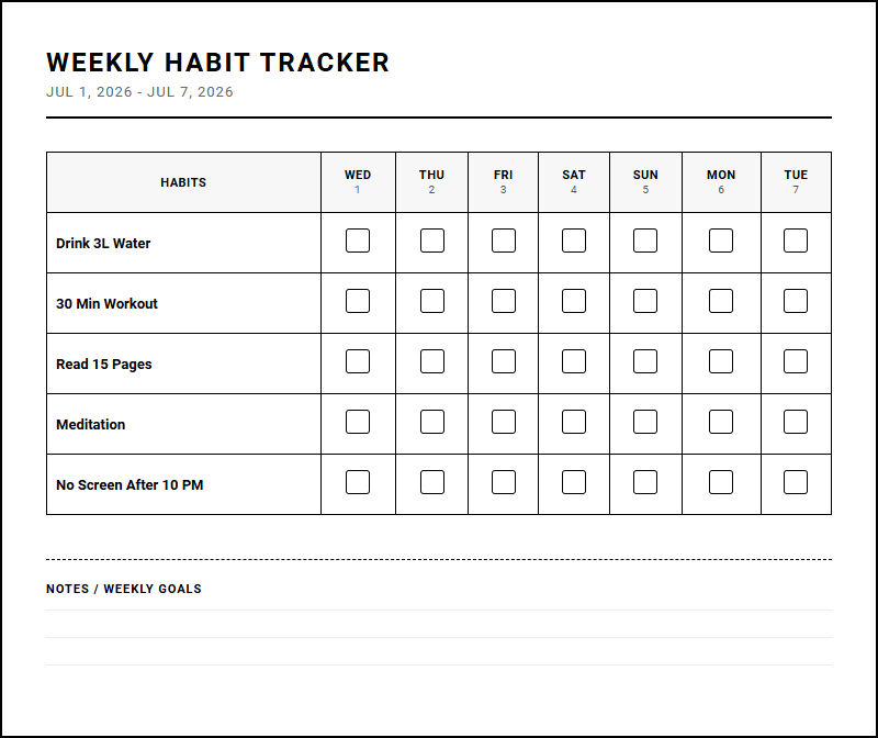 Habit Tracker Weekly Template for Peak Productivity and Goal Execution Image