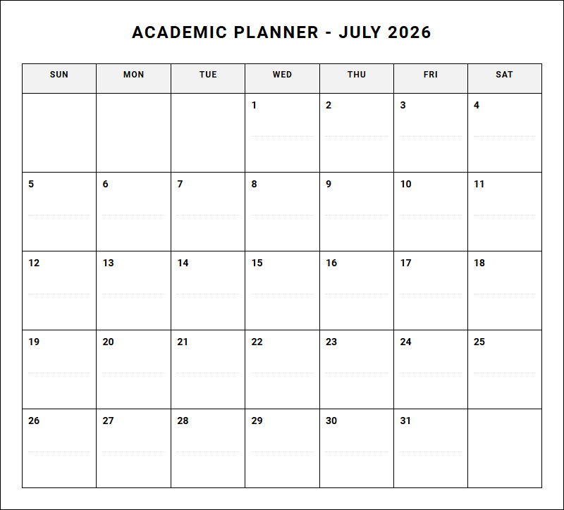 Monthly Academic Planner Calendar for Semester Course Organization and Deadline Tracking Image