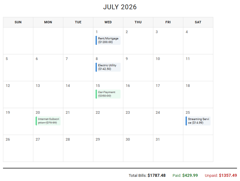 Monthly Bill Payment Tracker Calendar Template for Organizing Recurring Expenses Image