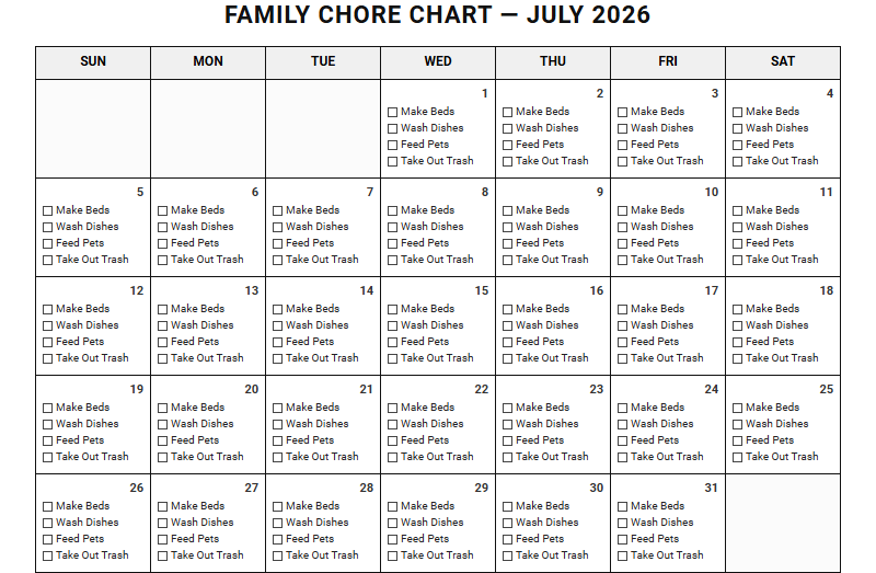 Functional Monthly Chore Chart Calendars for Efficient Household Task Management Image