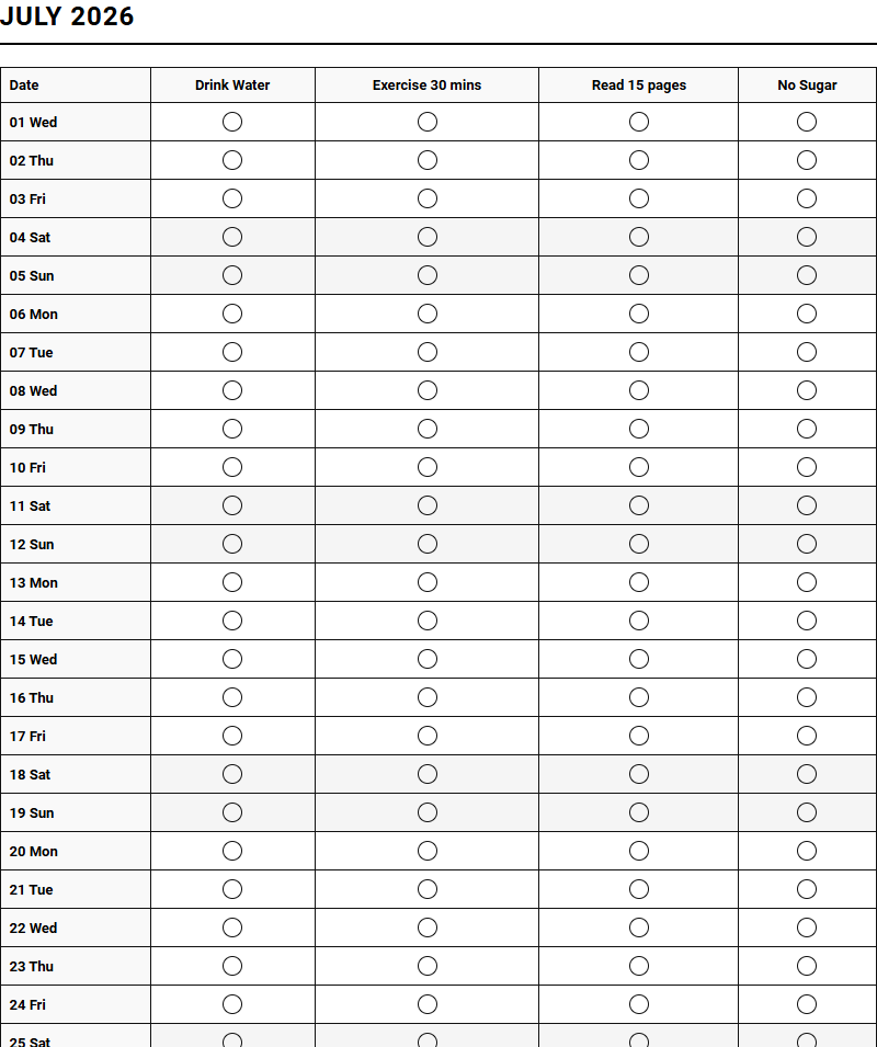 Monthly Habit Calendar for Daily Fitness Tracking and Goal Optimization Image