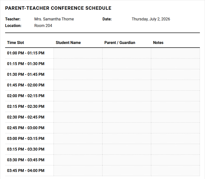 Parent Teacher Conference Calendar for Streamlining Academic Scheduling Image