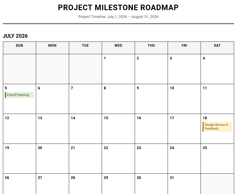 Project Milestone Tracker Calendar for Goal Alignment and Daily Productivity Output Image