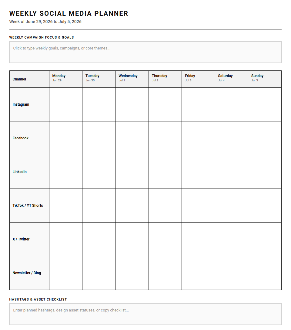Social Media Content Weekly Planner for Streamlined Calendar Scheduling Image
