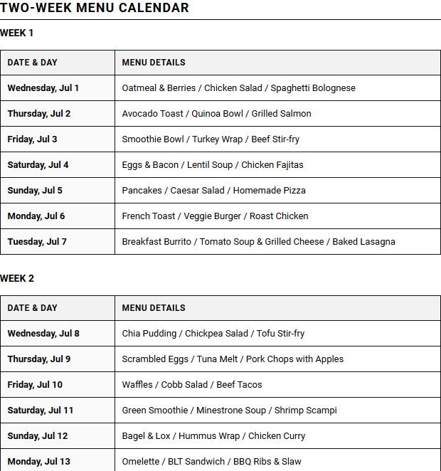 Two-Week Rotating Menu Calendar for Efficient Family Meal Planning Image