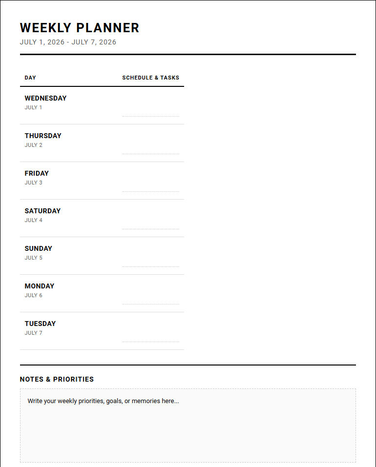 Weekly Planner with Notes Section for Efficient Task Tracking and Goal Management Image