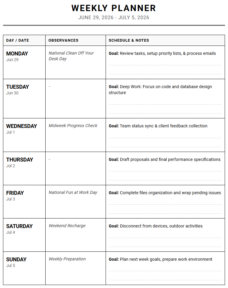 Weekly Planner with Observances for Efficient Schedule Coordination Image