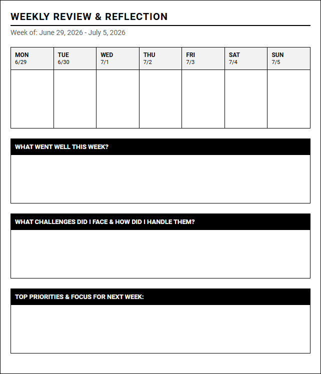 Weekly Review and Reflection Calendar for Goal Alignment and Productivity Tracking Image