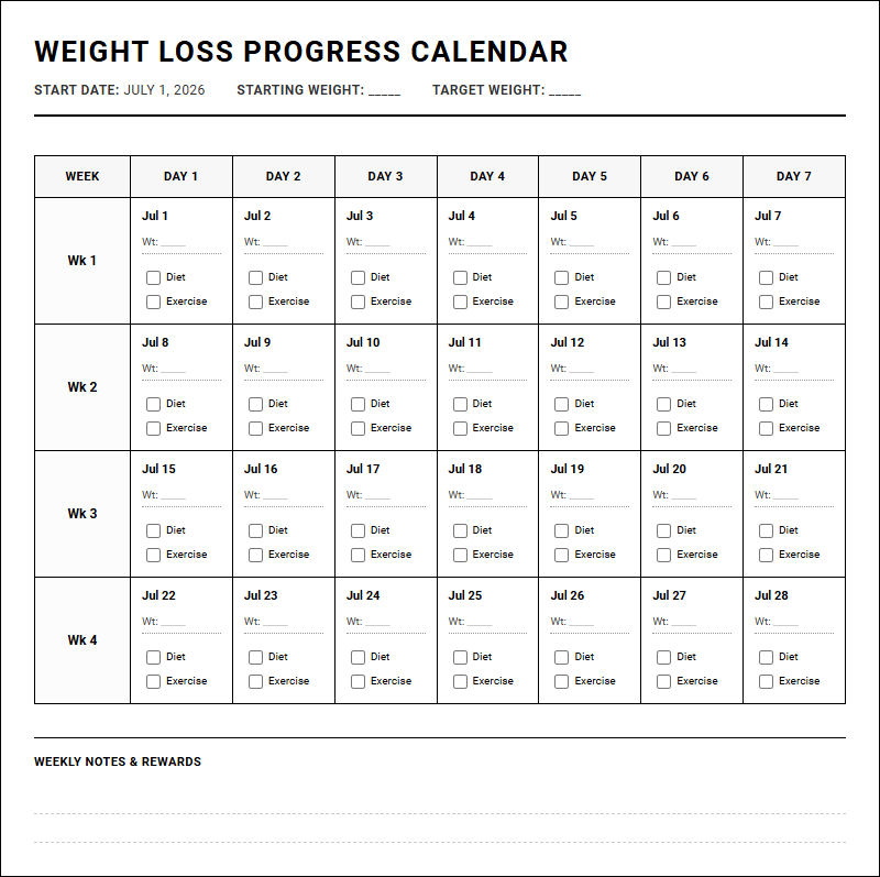 Weight Loss Progress Calendar for Structured Habit and Fitness Tracking Image