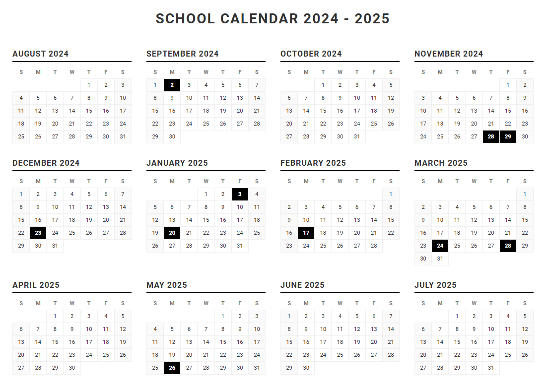 Yearly School Calendar for Efficient Academic Planning and Scheduling Image