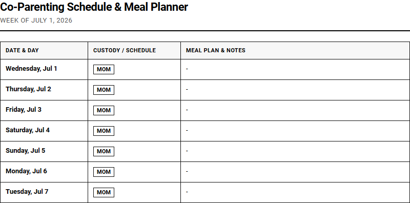 Co-Parenting Schedule and Meal Planner for Streamlined Family Coordination Image