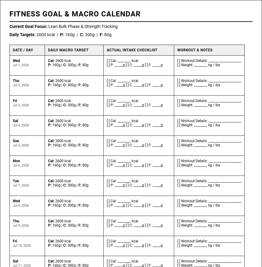 Family Meal Planning and Daily Macro Tracking Calendar for Structured Weekly Prep Image