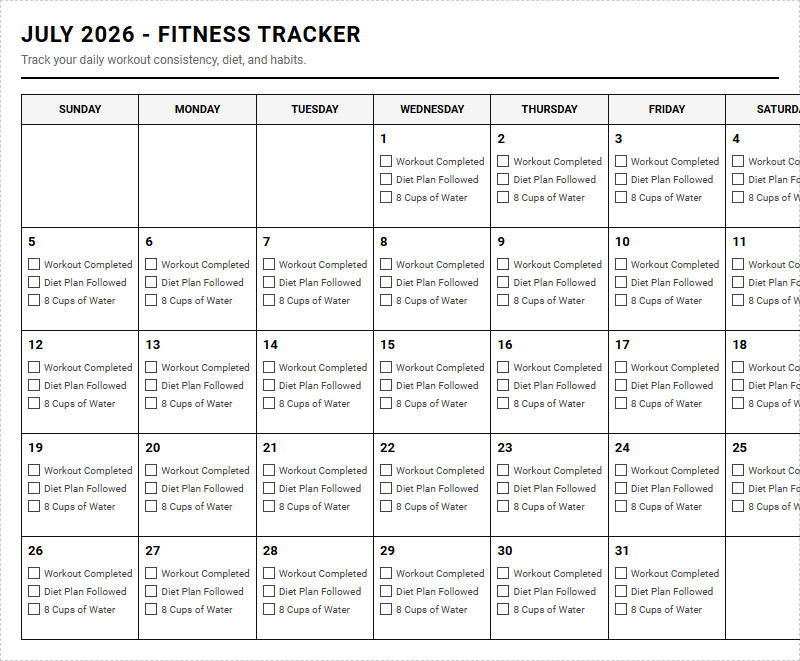 Fitness and Workout Progress Calendar for Consistent Training Optimization Image