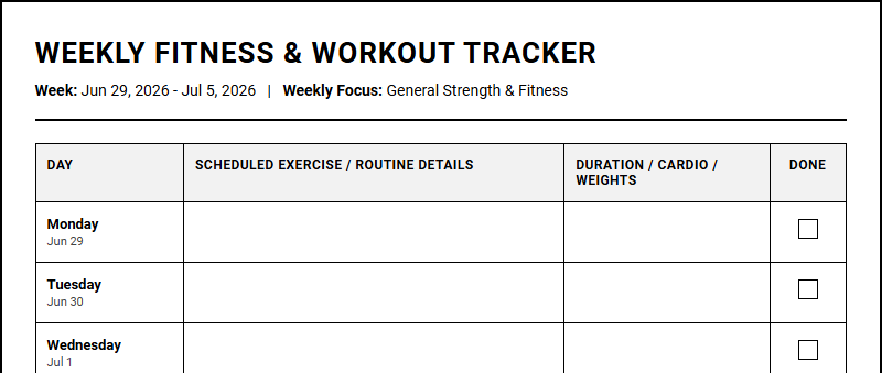 Fitness and Workout Weekly Tracker for Goal-Oriented Routine Management Image
