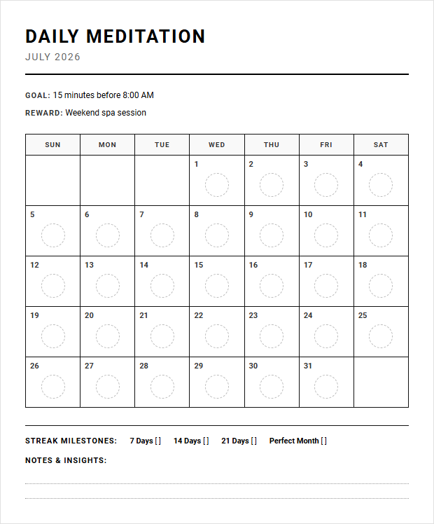 Healthy Habit Streak Calendar for Optimizing Daily Workouts and Fitness Routines Image