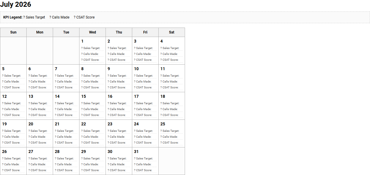 Key Performance Indicator Dashboard Calendar for Tracking Business Milestones and Project Deadlines Image