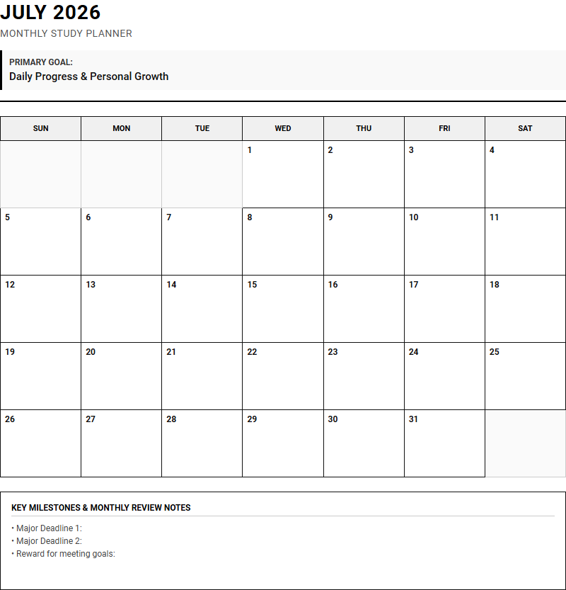Monthly Study Planner Calendar for Structured Academic Time Management Image