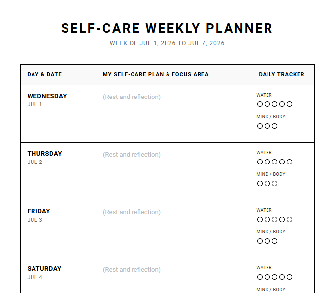 Self Care Weekly Planner for Structuring Daily Habits and Wellness Routines Image