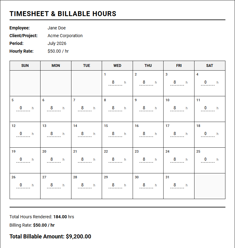Timesheet and Billable Hours Calendar for Project Management and Client Billing Image