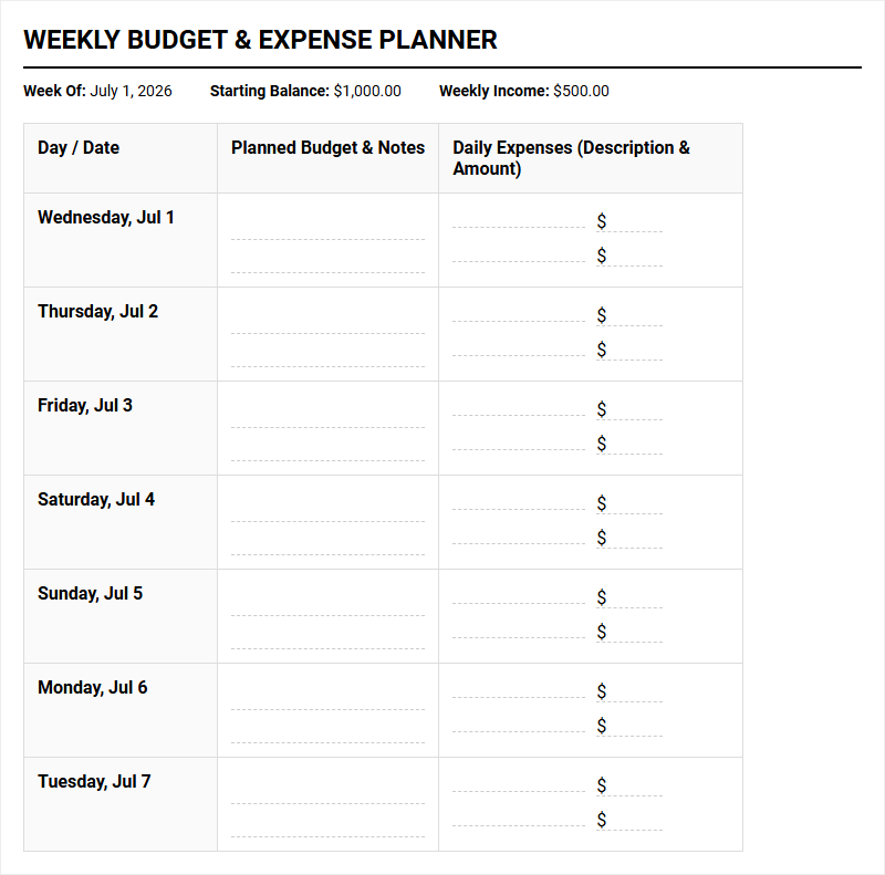Budget and Expense Weekly Planner for Systematic Financial Management Image