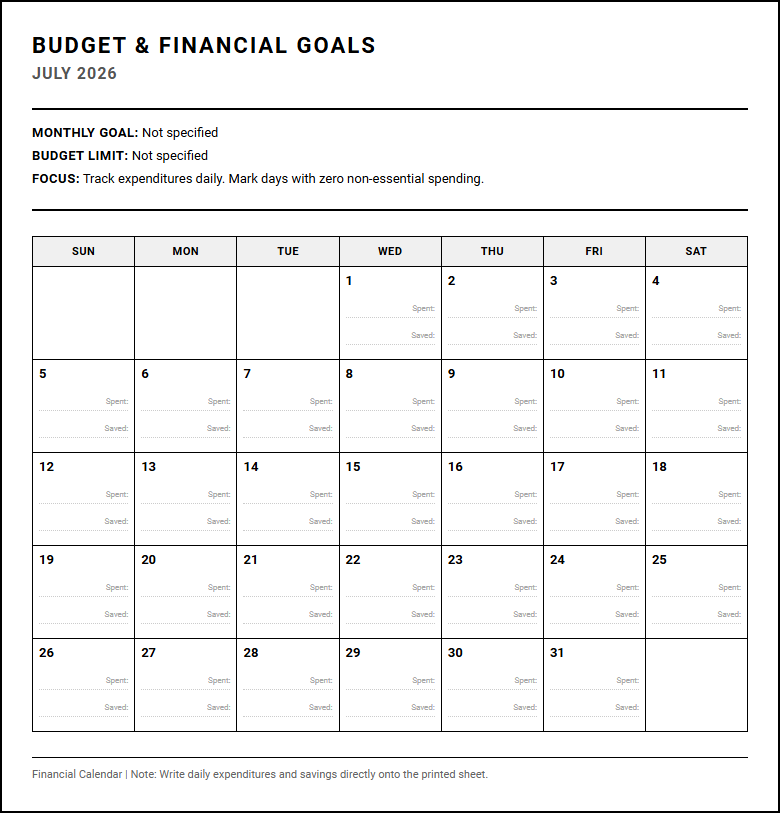 Budget and Financial Goal Calendar for Strategic Savings and Expense Tracking Image