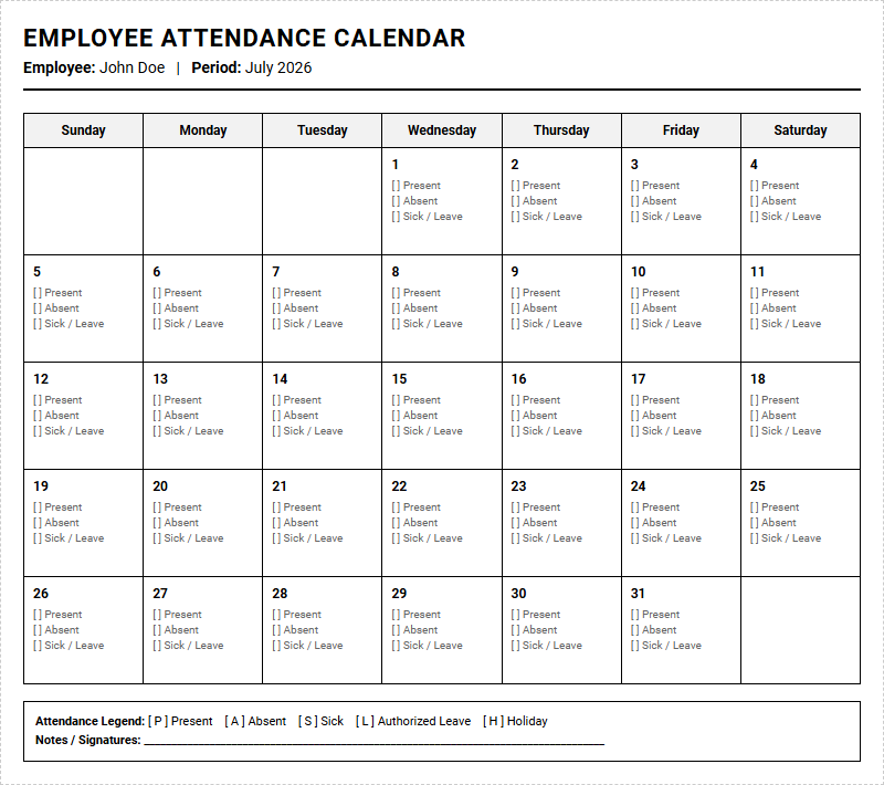 Employee Attendance Calendar for Tracking Yearly Leave and Shift Schedules Image