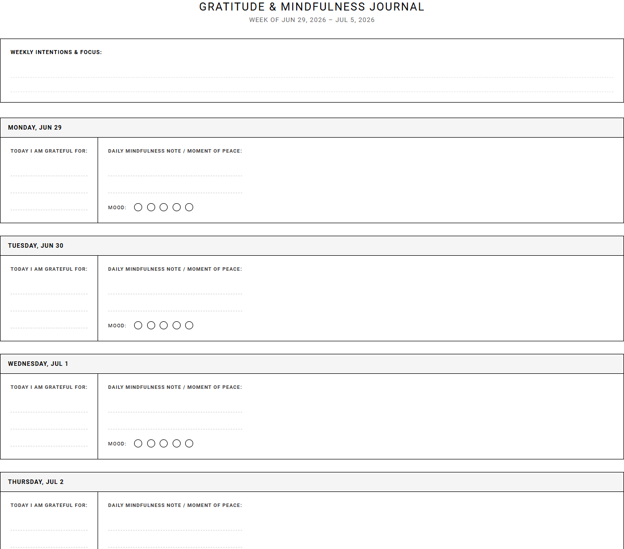 Gratitude and Mindfulness Weekly Journal for Structured Task Planning and Goal Tracking Image
