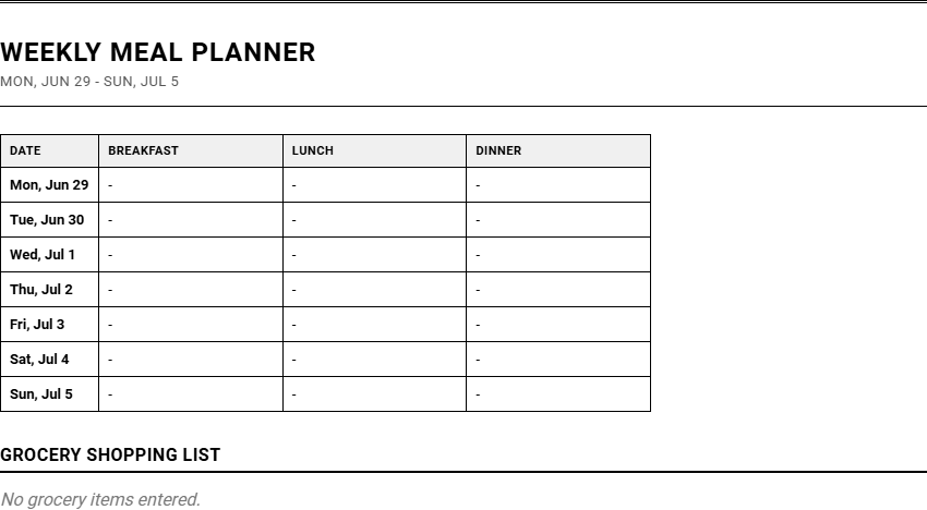 Weekly Calendar Template: Meal Planner and Grocery List for Efficient Household Organization Image