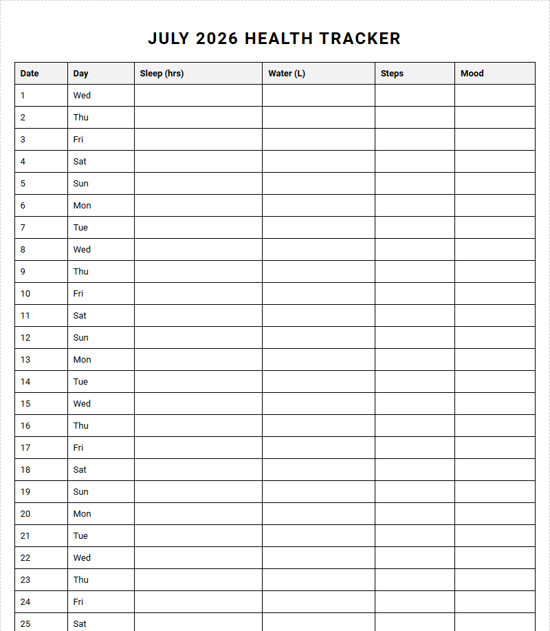 Monthly Health Tracker Calendar Template for Daily Wellness Logging Image