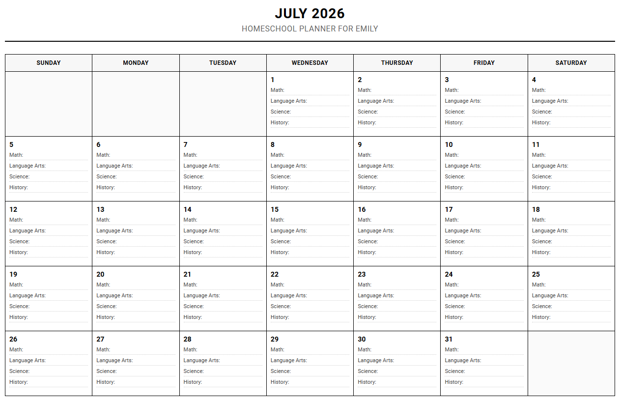 Monthly Homeschool Lesson Planner Calendar for Structured Subject Tracking Image