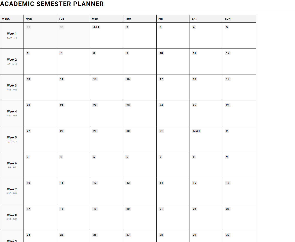 Semester at a Glance Planner for Academic Organization and Deadline Tracking Image