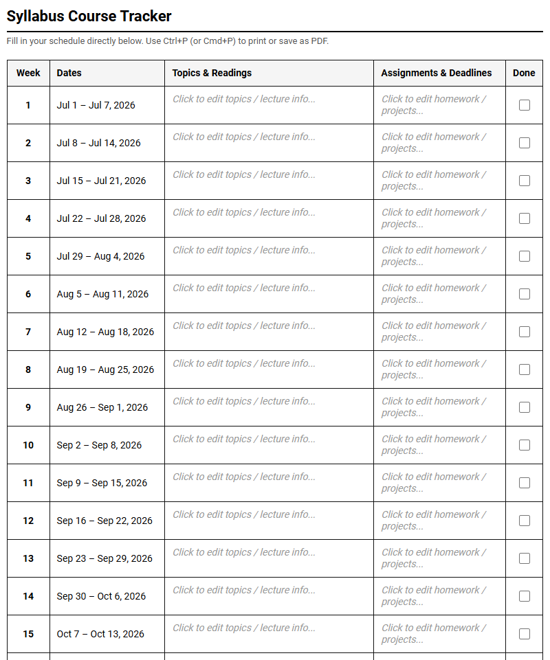 Syllabus Tracker Calendar for Academic Course Schedule Management Image