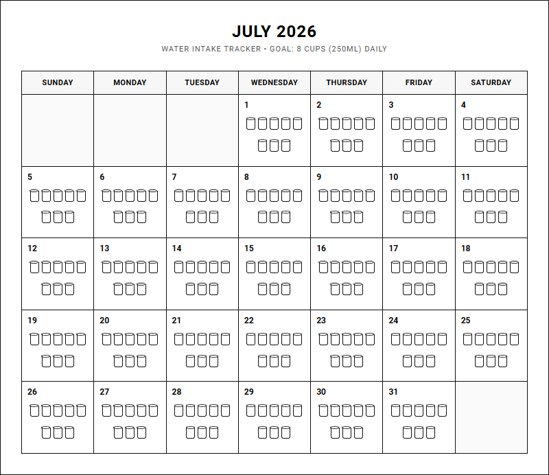 Water Intake Tracker for Daily Fitness Calendars and Habit Logging Image