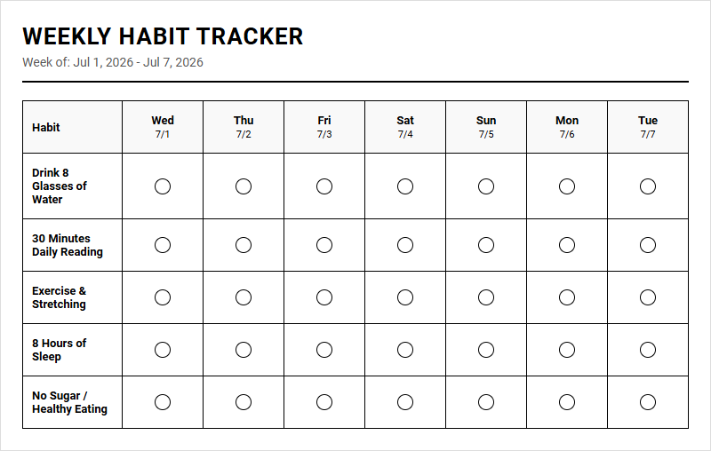 Weekly Habit and Fitness Tracker Calendar for Optimizing Daily Routines Image