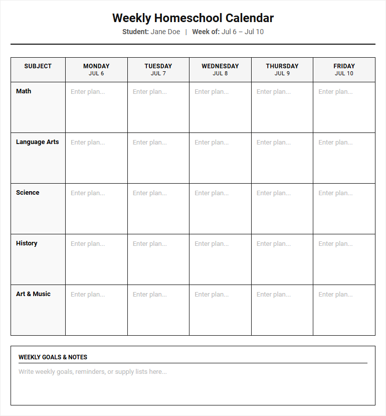 Weekly Homeschool Calendar for Structured Lesson Planning and Academic Tracking Image