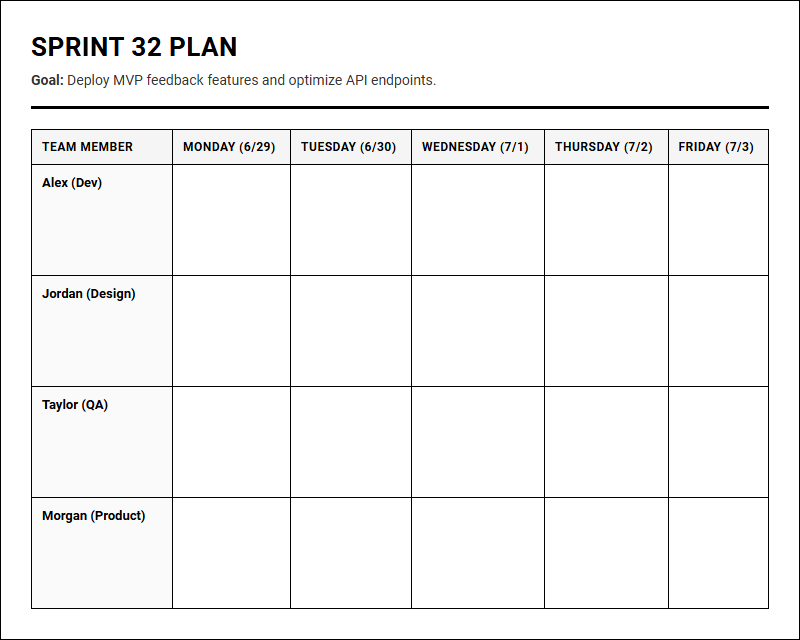 Weekly Team Sprint Planner for Coordinating Business Deliverables and Project Calendars Image