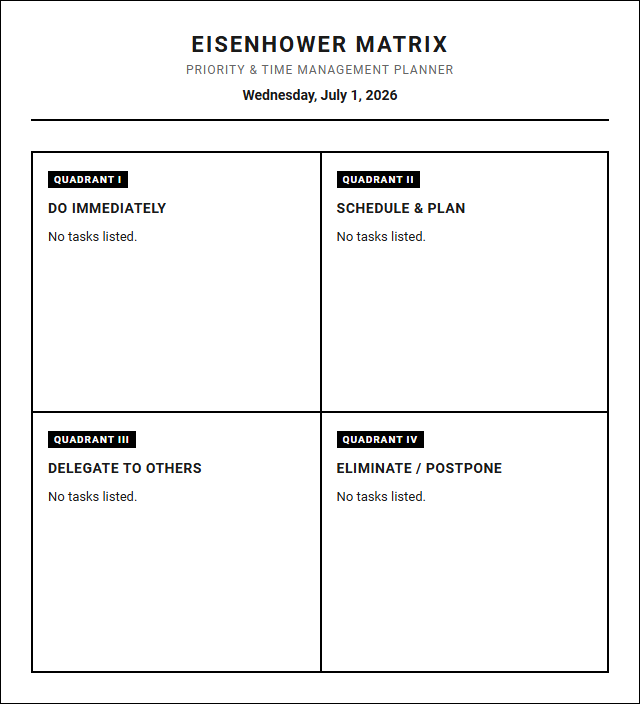 Eisenhower Matrix Priority Calendar for Strategic Goal Tracking and Task Execution Image