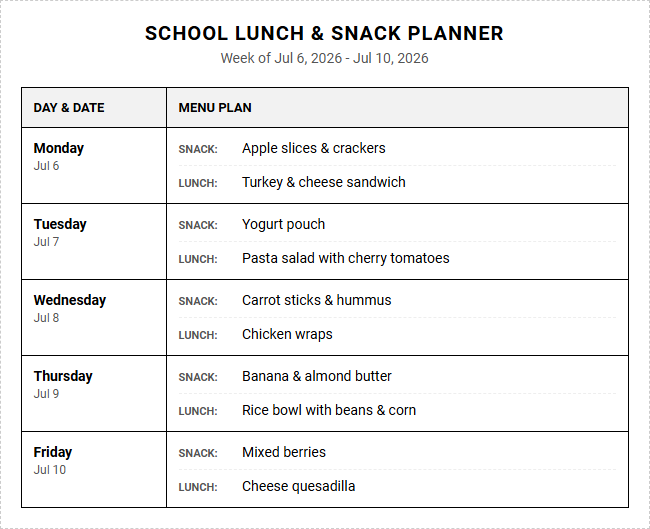 Kids School Lunch and Snack Planner for Streamlined Weekly Family Prep Image