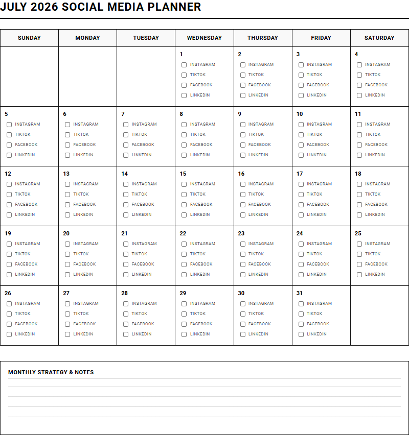 Monthly Social Media Planner Calendar for Optimizing Content Workflows Image