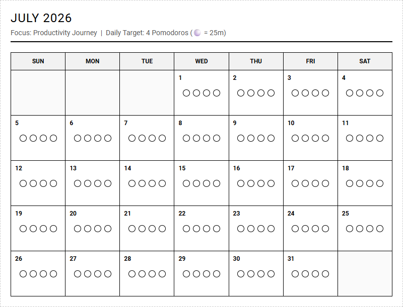 Pomodoro Technique Productivity Calendar for Structured Goal Setting and Time Management Image