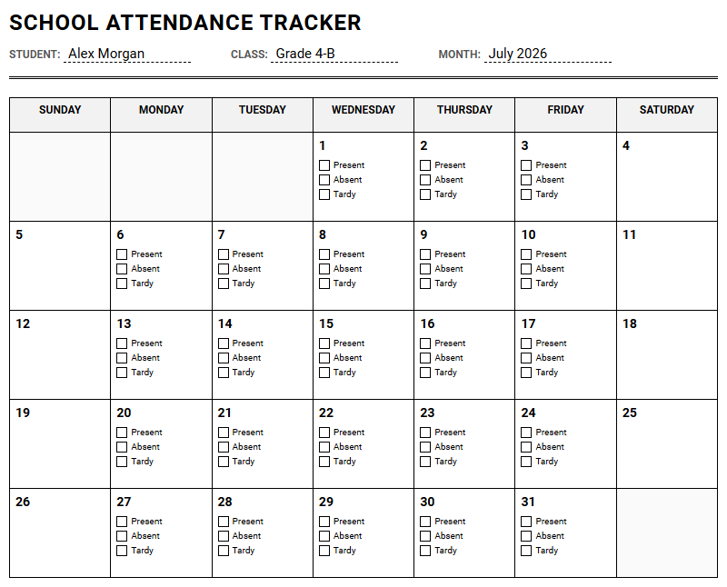 School Calendar Template for Academic Planning and Class Scheduling Image
