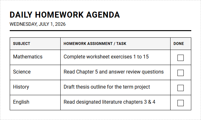 Student Daily Homework Agenda for Structuring Daily Academic Tasks Image