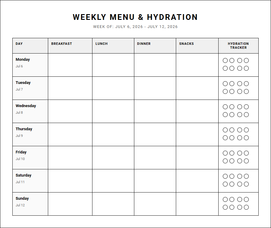 Weekly Menu Board with Hydration Tracker for Efficient Family Meal Planning Image