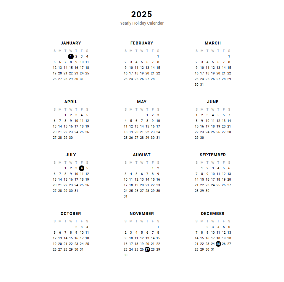 Yearly One-Page Holiday Calendar for Streamlined Schedule Planning Image