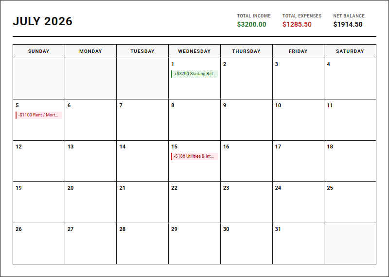 Budget Planner Calendar for Custom Expense Tracking and Financial Management Image