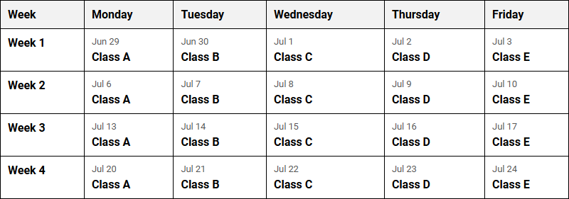 Class Rotation Schedule Template for Multi-Week Academic Calendars Image
