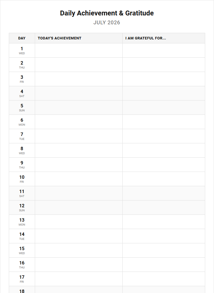 Daily Achievement and Gratitude Calendar for Goal Execution and Productivity Tracking Image